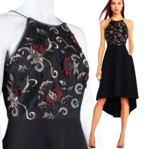 Aidan Mattox High Low Embroidered Fit And Flare Halter Dress Size 4 Small Pocket